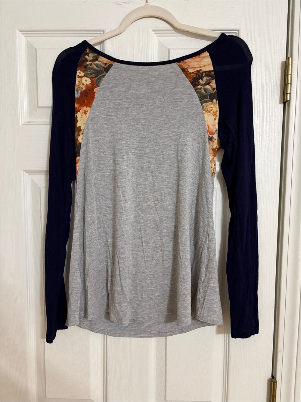 12 Pm By Mon Ami Grey Body Navy Raglan Long Sleeve with Floral Panels